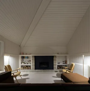 A minimalist living room with a wooden fireplace and bookshelves.