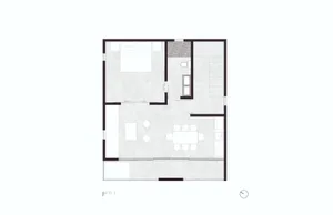 Floor plan of a modern house with minimalist design and concrete features.