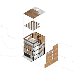 Isometric diagram of a modern industrial-style apartment floor plan showing wood and concrete materials and a central stairca
