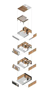 An isometric view of a wooden house floor plan showing different sections and layouts.