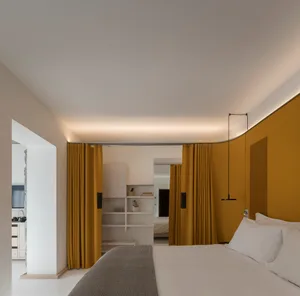 Modern minimalist bedroom featuring yellow curtains