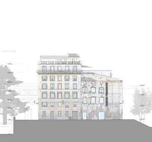 Diagram of a classical building with concrete exterior and multiple windows and balconies.