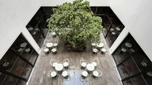 A modern coffee shop with white tables and chairs surrounded by greenery and glass walls.