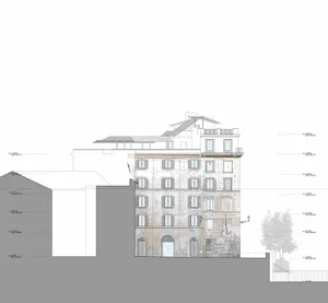 A detailed architectural section drawing of a modern building exterior, rendered on paper, showcasing design features and dim