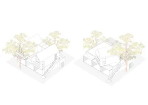 Modern residential house designed with wood materials, featuring an elevated living area above a single-story living space wi