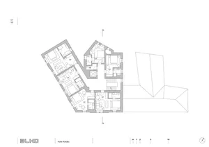 Floor plan of a hotel room layout on white background.
