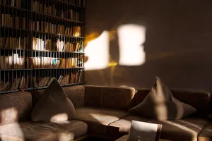 A cozy living room with a beige sofa, filled with light and surrounded by shelves of books.