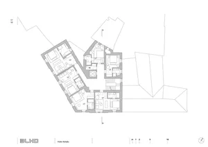 A black and white architectural floor plan of a modern hotel with detailed layout and dimensions.