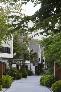 Modern residential buildings with wooden roofs surrounded by lush greenery.