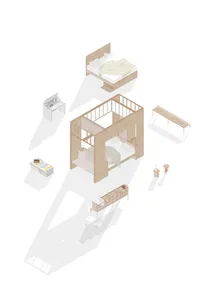 An architecturally designed bedroom featuring a platform bed and various furniture pieces.