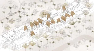 A detailed 2D architectural drawing of a housing floor plan featuring thatched roofs.