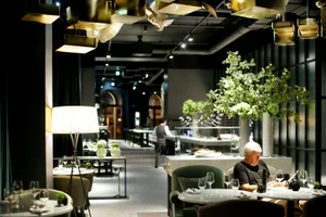 A modern cafe with metallic lighting, glass elements, and green plants.
