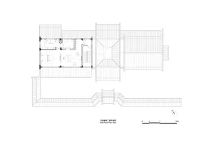 Second floor architectural plan of a modern house, showing rooms, walls, and windows.