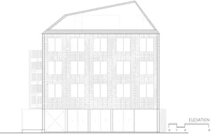 Elevation drawing of a brick building with multiple windows and a pitched roof.