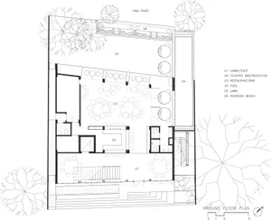 Floor plan of a hotel with various functional zones.