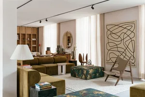 A minimalist residential interior with velvet upholstery, wooden accents, and glass elements.