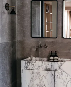 Modern bathroom with marble sink, countertop, and wall.