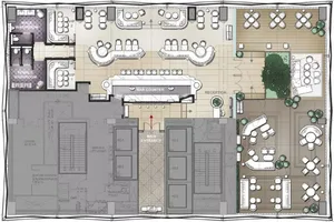 Floor plan of a modern hotel bar and reception area with concrete tiles and hardwood flooring, featuring green plant-life acc