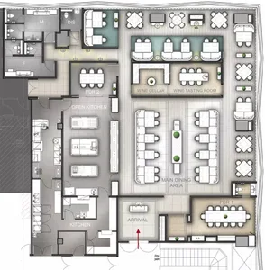 Modern restaurant floor plan featuring a main dining area, wine cellar, and tasting room.