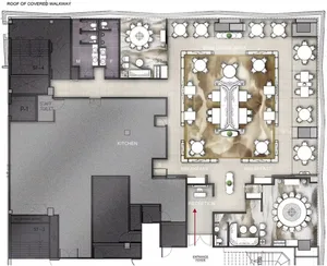 Restaurant layout with tile and concrete materials, featuring a central dining area and multiple seating options.