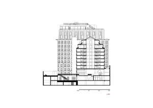 A cross-sectional architectural drawing of a commercial building, showcasing integrated structural elements such as steel and