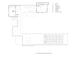 Floor plan of a modern office layout on level 2, showing departments and office spaces.