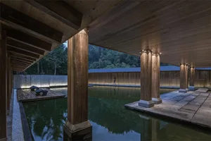 A minimalist patio with wooden columns and a reflecting pool at dusk.