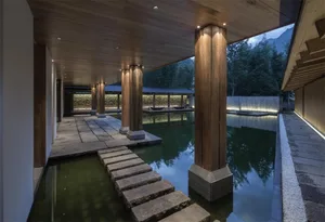 A modern exterior with a swimming pool, constructed using stone and wood materials.