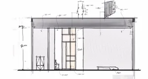 A technical architectural drawing of an interior space showing a floor plan and various design elements.