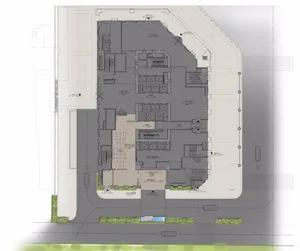 Floor plan of an office building with concrete finishes.