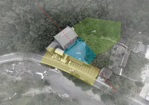 Aerial view of a residential design featuring wood, brick, glass, and metal materials.