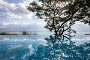 A serene minimalist landscape featuring a tranquil water body with a reflection and a single tree.