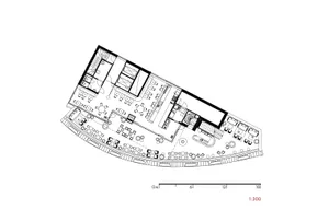 Floor plan of a modern office space with metallic finishes.