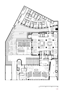 辦公空間的詳細2D建築圖，展示金屬家具與佈局配置。