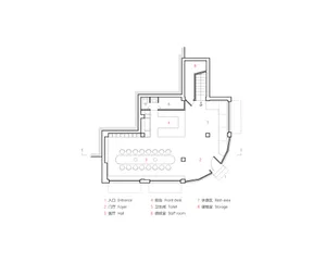 Concrete, carpet, and metal materials in a commercial conference hall layout.