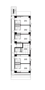 Illustration of a vertical architectural floor plan featuring staircases.
