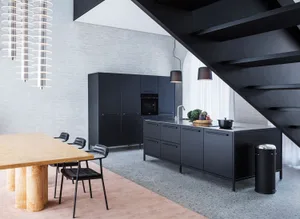 Modern, minimalist kitchen with black cabinets, stainless steel appliances, and natural light.