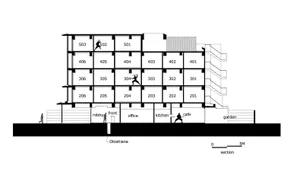 Floor plan of a modern residential building, showing multiple residential units and common areas.