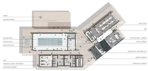 A detailed architectural floor plan of a resort with various amenities such as a sea view terrace, firepit, indoor and outdoo