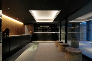 A modern lobby interior featuring a concrete floor and walls.