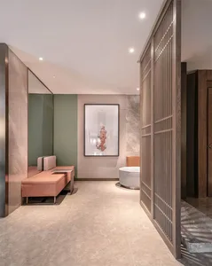Modern living space featuring a marble floor and wall.