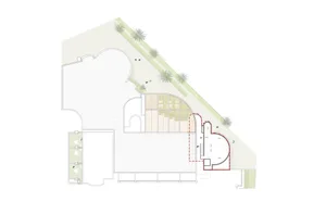A detailed 2D architectural drawing of a building's floor plan, showing structural elements, rooms, and layout.