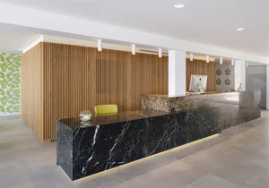 A modern office interior featuring a marble reception desk with a yellow chair and a wooden wall.