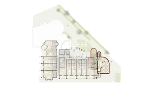 A detailed office layout design featuring mixed materials and a modern aesthetic.