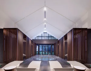 Modern minimalist spa interior with water feature, wooden slats, and glass windows.
