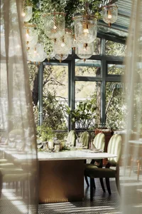 Modern commercial restaurant with glass walls, metal chairs, and green foliage.