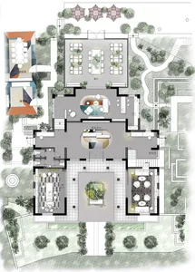 Floor plan of a modern building with glass windows and concrete walls