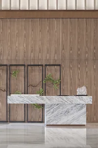 Modern reception desk with marble and wooden walls, featuring bonsai plants and sleek design.