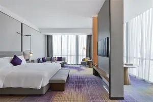 Modern hotel room with a large bed, sofa, television, and floor-to-ceiling windows.