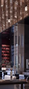 Modern interior design featuring a lobby with wooden architectural elements.